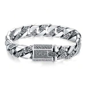 Men 925 Sterling Silver Cuban Link Textured Engraved Chain Bracelet Jewelry